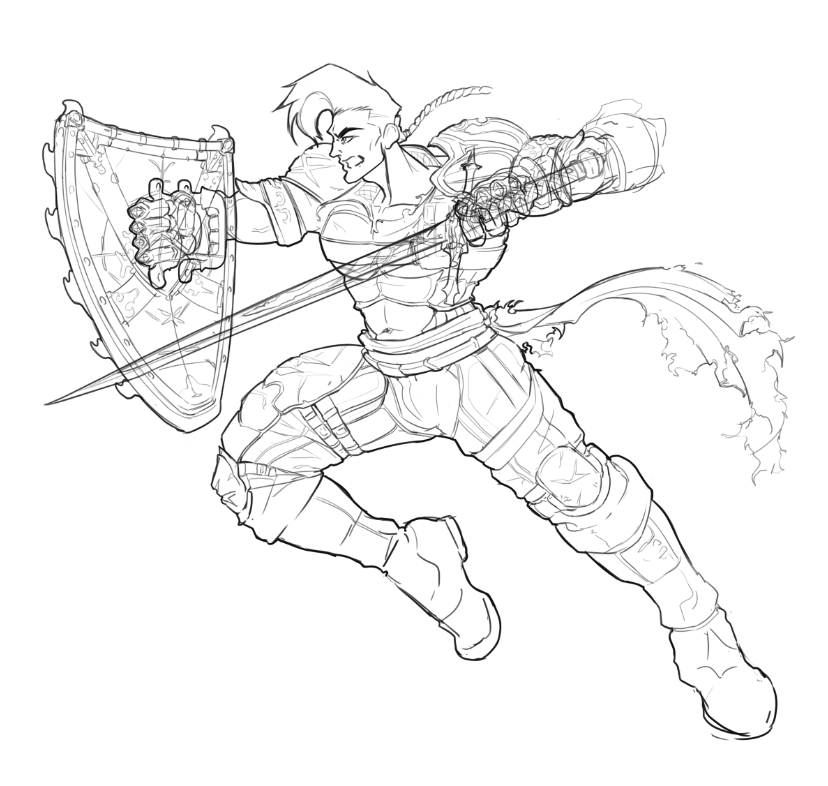 concept art of character alrik steele with sword and shield